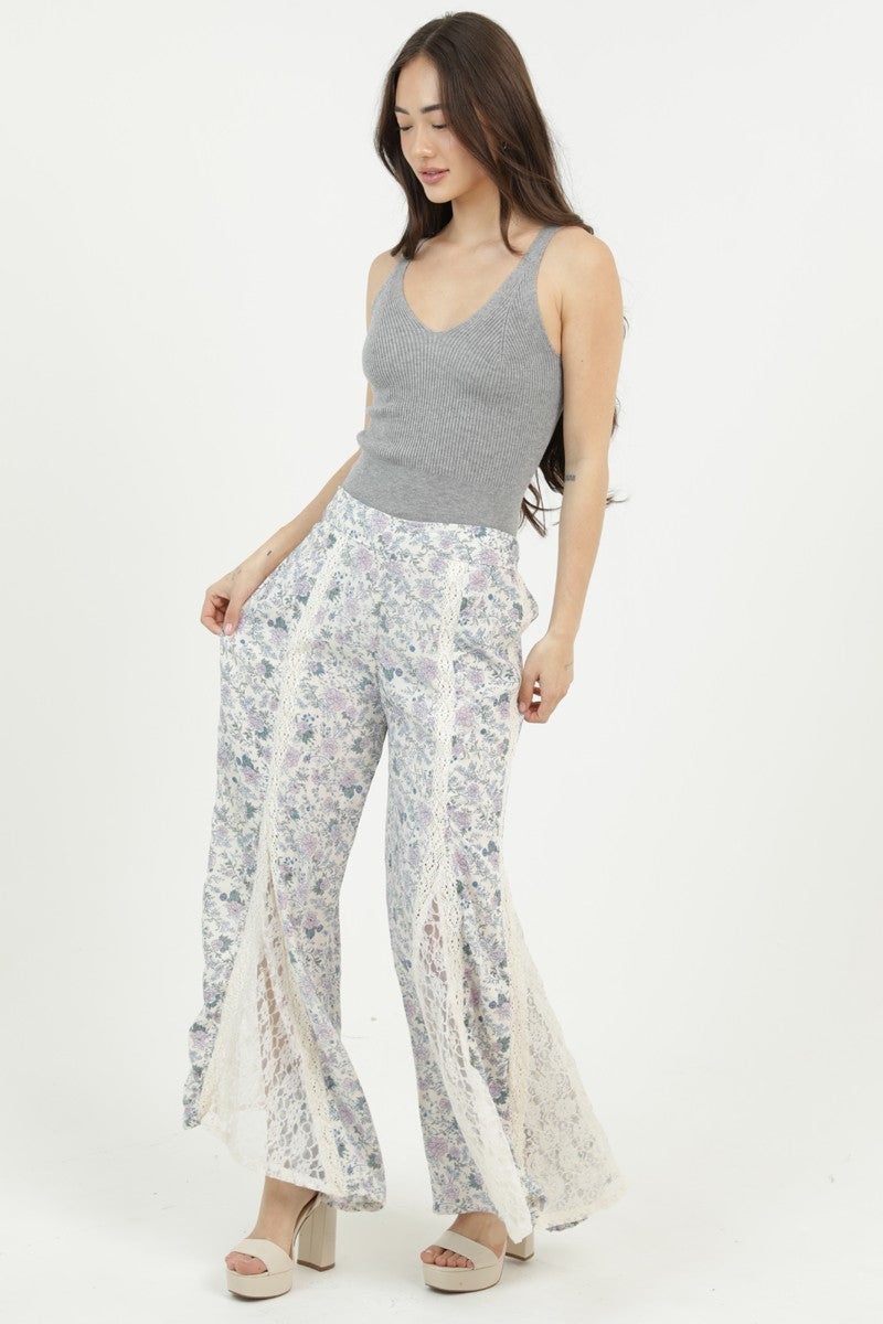 Floral Print Flare Pants w/ Lace Insets