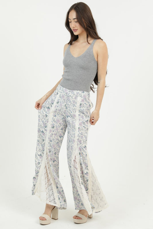 Floral Print Flare Pants w/ Lace Insets
