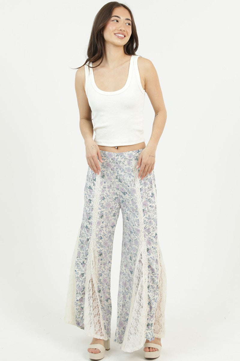 Floral Print Flare Pants w/ Lace Insets
