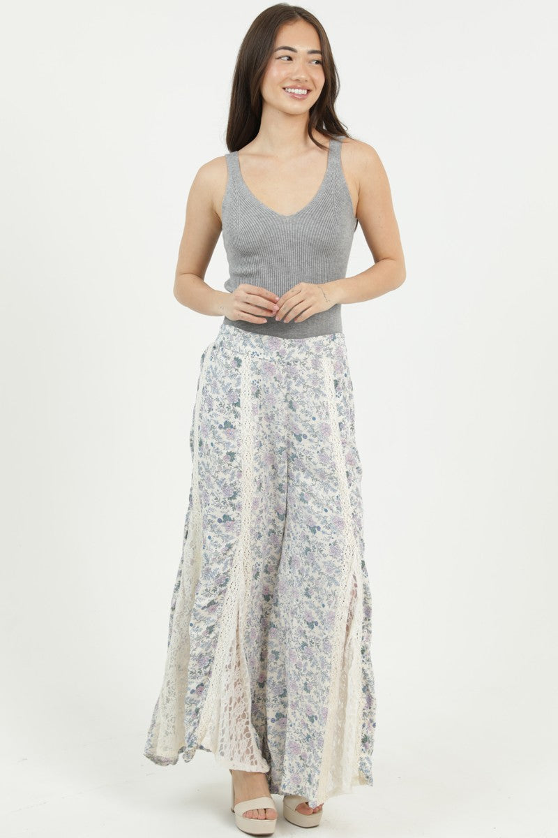Floral Print Flare Pants w/ Lace Insets