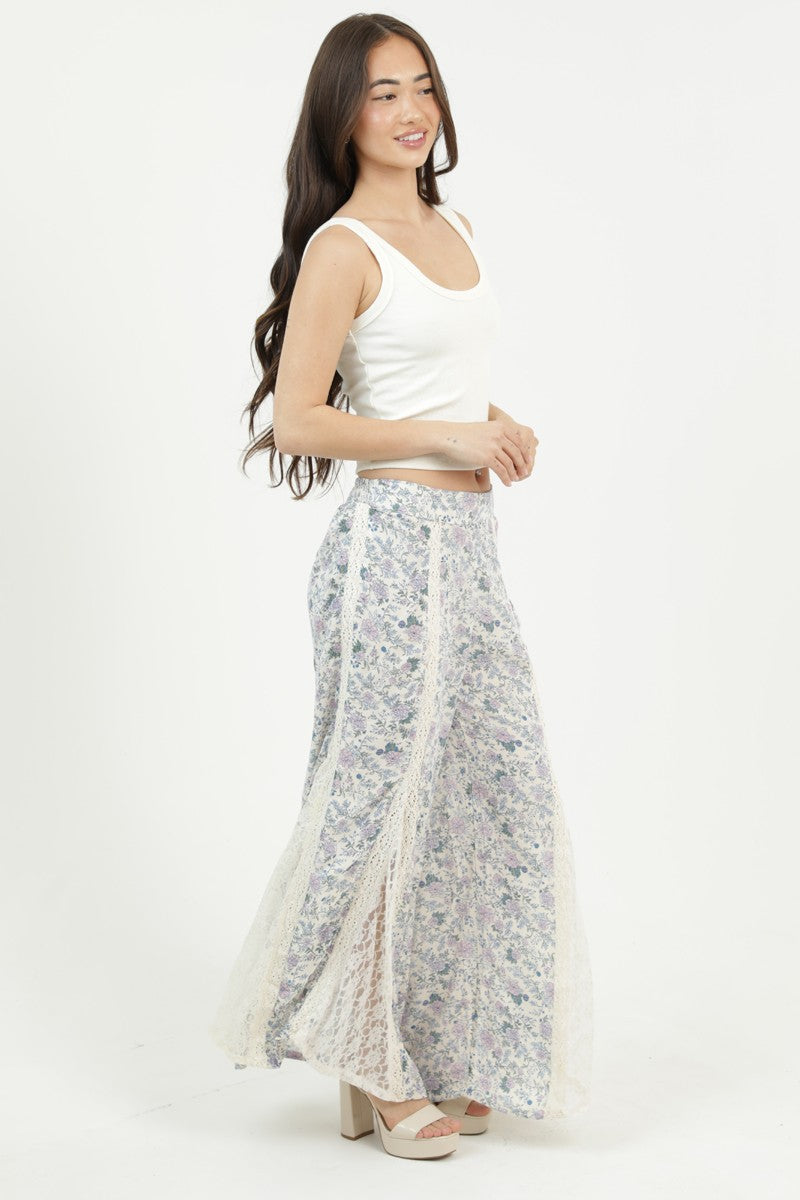 Floral Print Flare Pants w/ Lace Insets