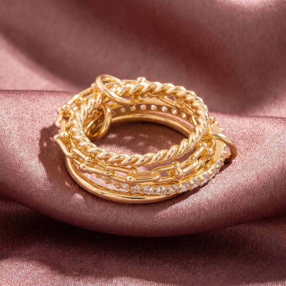 Four Piece Cz Pave And Chain Link Stackable Ring Set