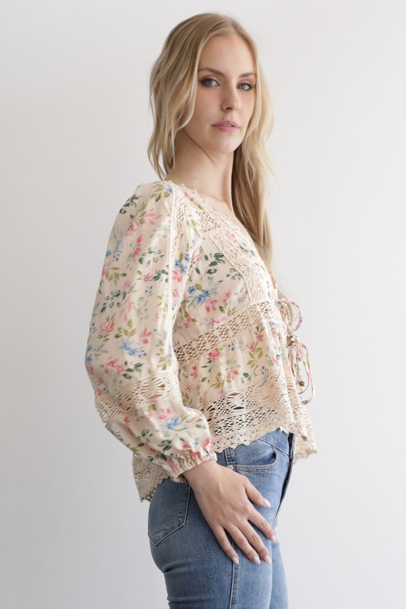 Floral Print Lace Trim Tie Front Top