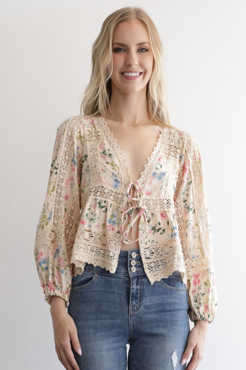 Floral Print Lace Trim Tie Front Top