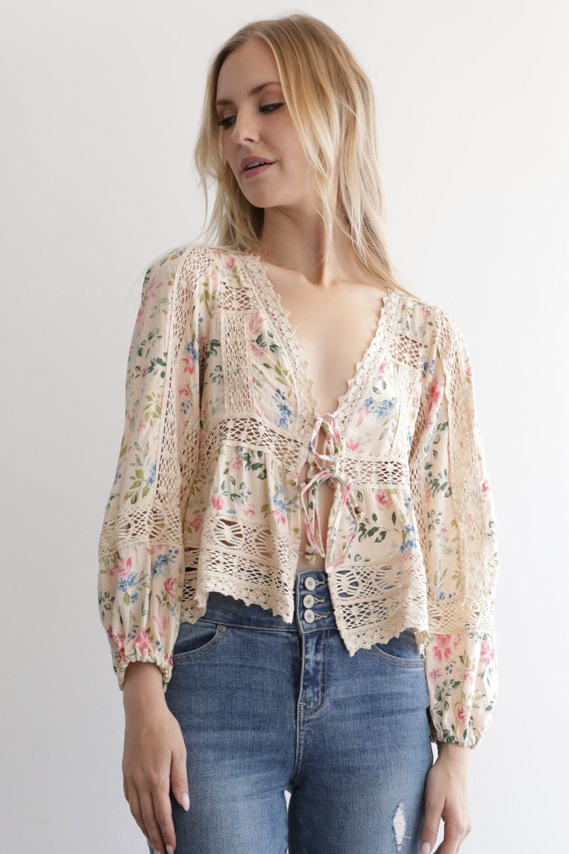 Floral Print Lace Trim Tie Front Top