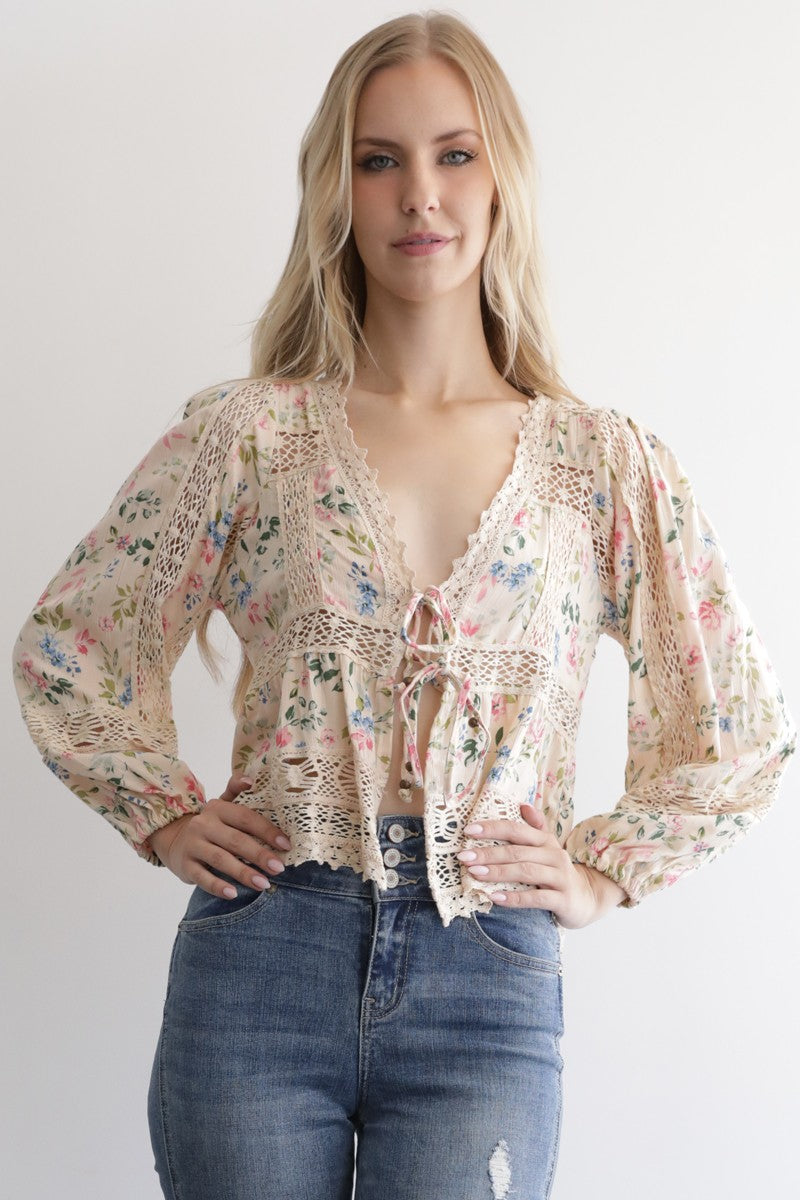 Floral Print Lace Trim Tie Front Top