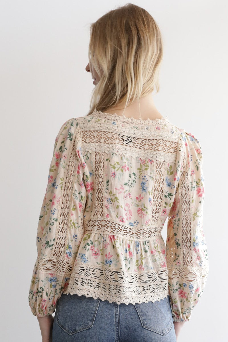 Floral Print Lace Trim Tie Front Top