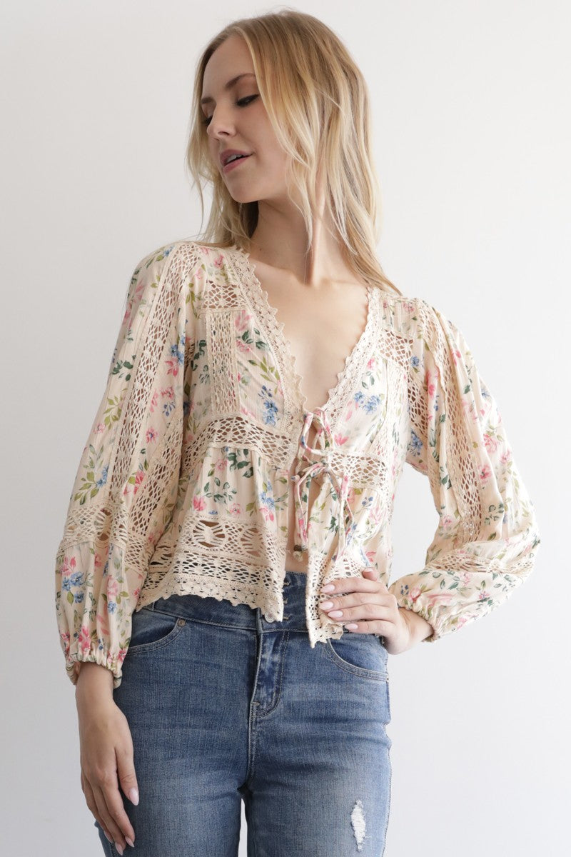 Floral Print Lace Trim Tie Front Top