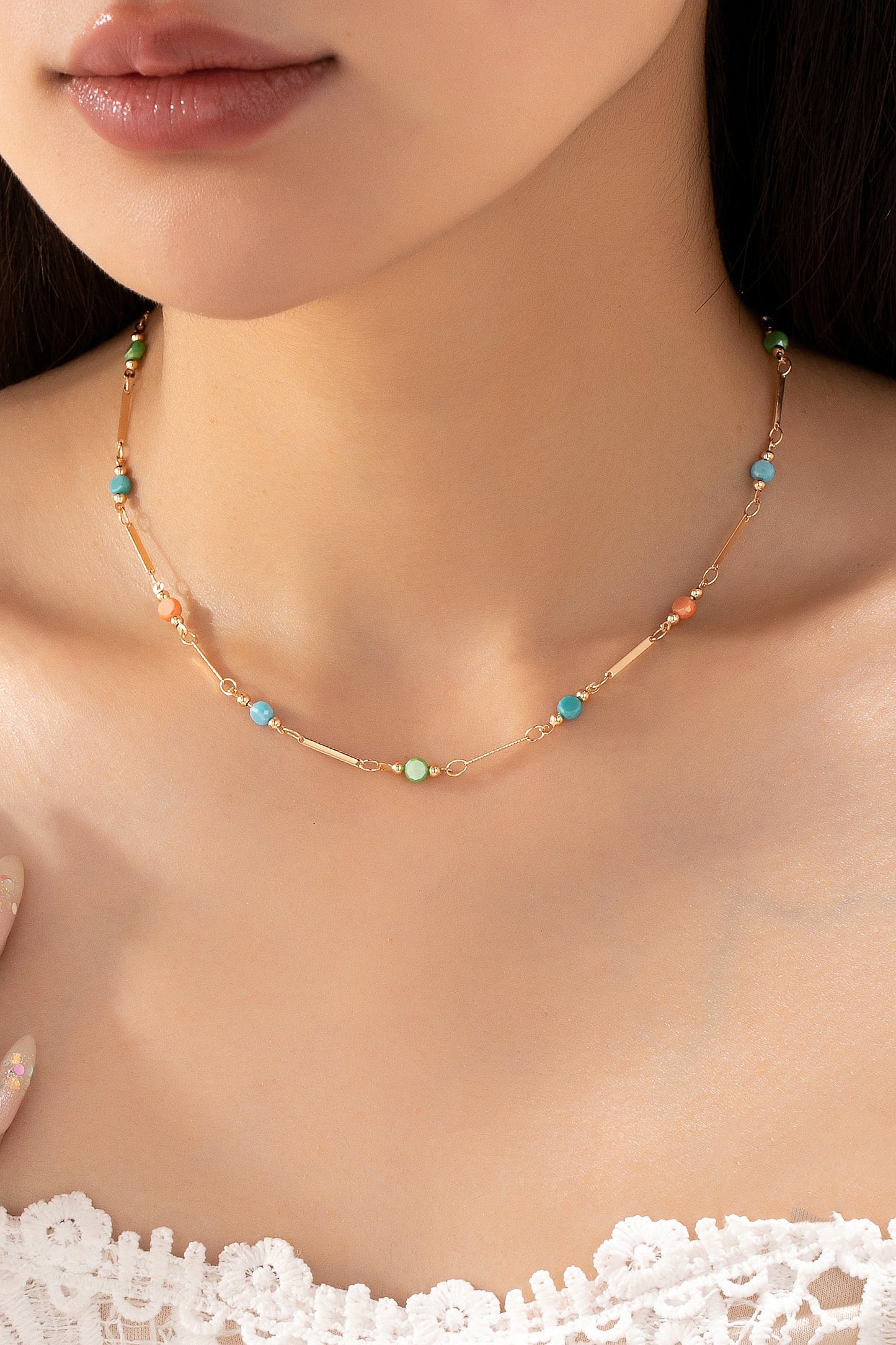 Delicate Gold Chain Necklace w/ Glass Beads