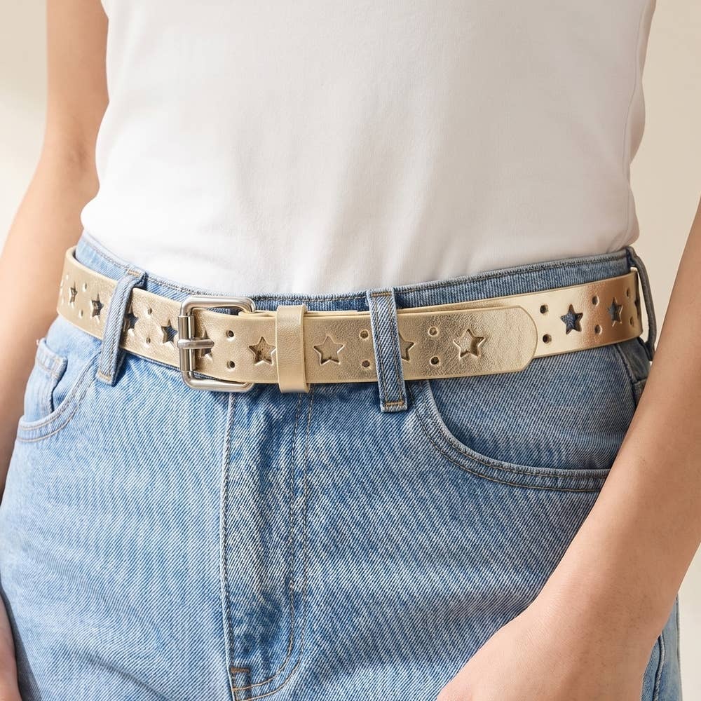 Metallic Star Cutout Leather Belt