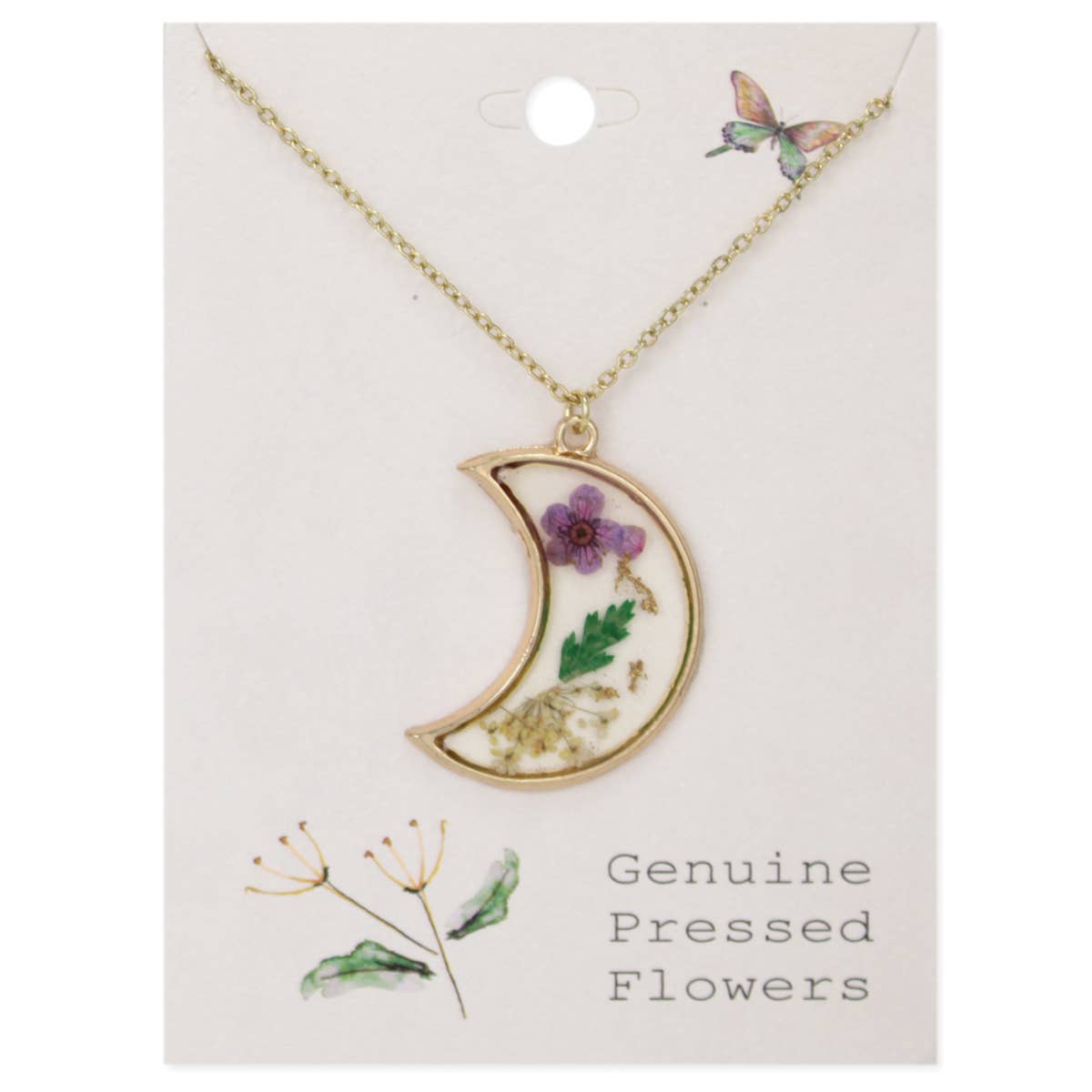 Purple Floral Moon Dried Flower Gold Necklace