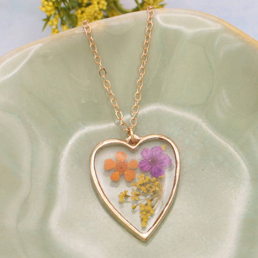 Purple Orange Dried Flower Gold Heart Necklace