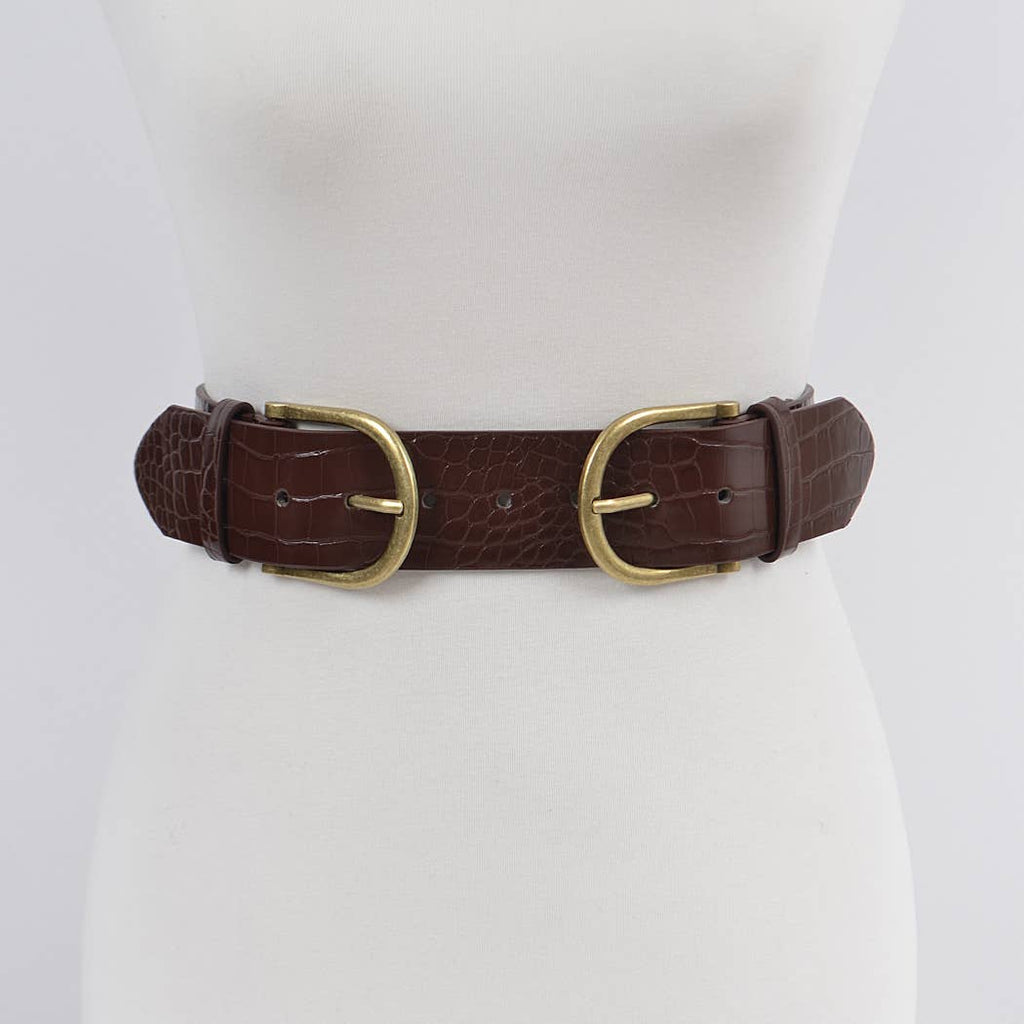 Two Buckle Faux Croc Leather Waist Belt