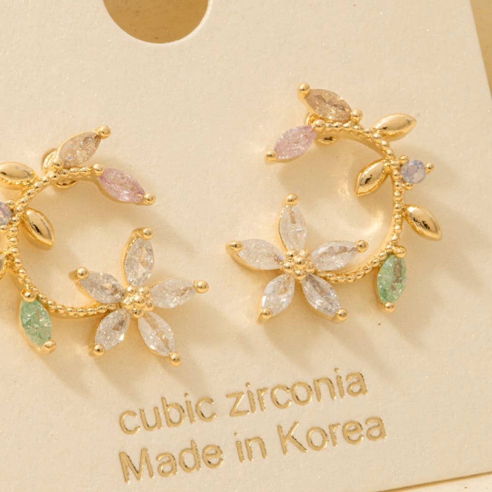 Gold Dipped Cz Leaf Flower Circle Stud Earrings