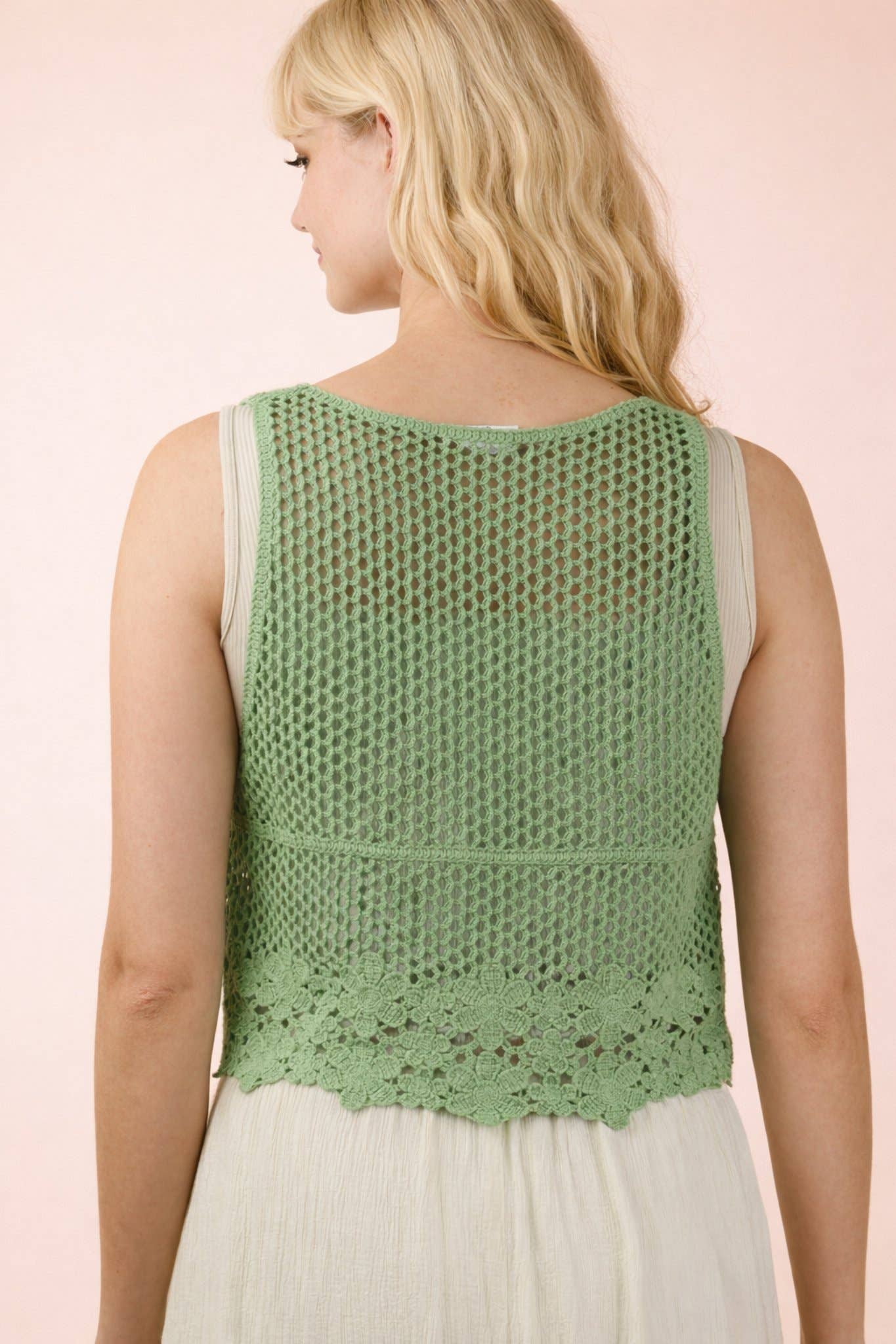 Crochet Knit Vest w/ Floral Hem