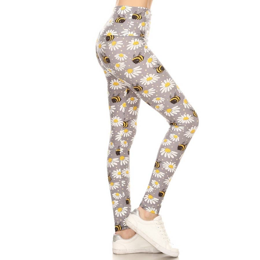Bumble Bee Daisy Print Yoga Band Leggings