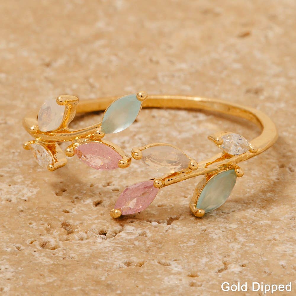 Gold Dipped Cz Open Band Leaves Ring