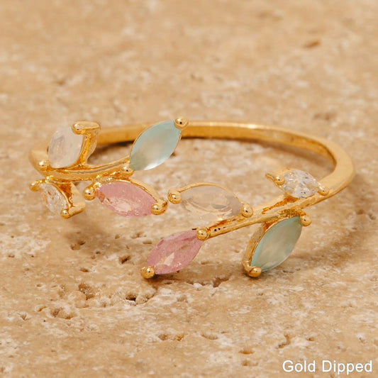 Gold Dipped Cz Open Band Leaves Ring