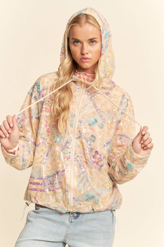 Sequin Embroidered Mesh Zip Up