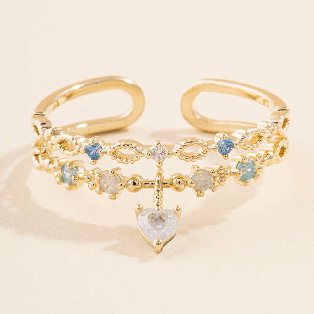 Cz Double Band Heart Charm Ring