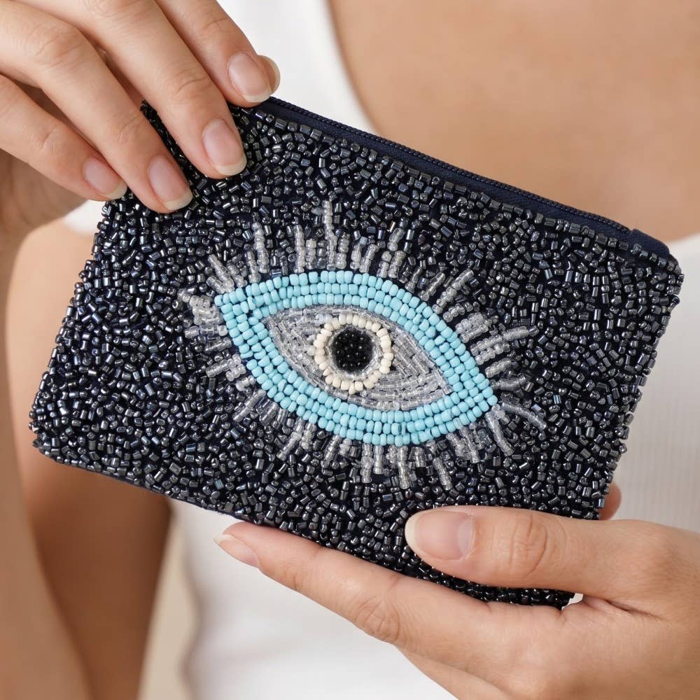 Blue Seed Beaded Evil Eye Coin Purse