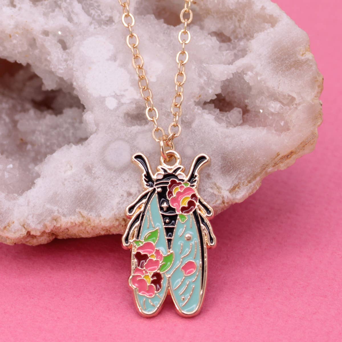 Pastel Floral Cicada Gold Necklace