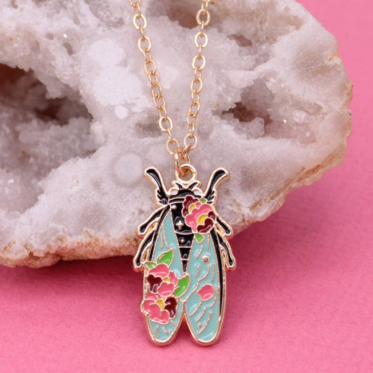 Pastel Floral Cicada Gold Necklace