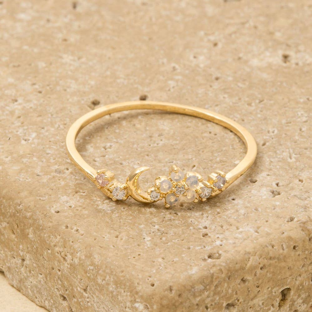 Gold Dipped Cz Floral Moon Ring