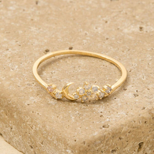 Gold Dipped Cz Floral Moon Ring