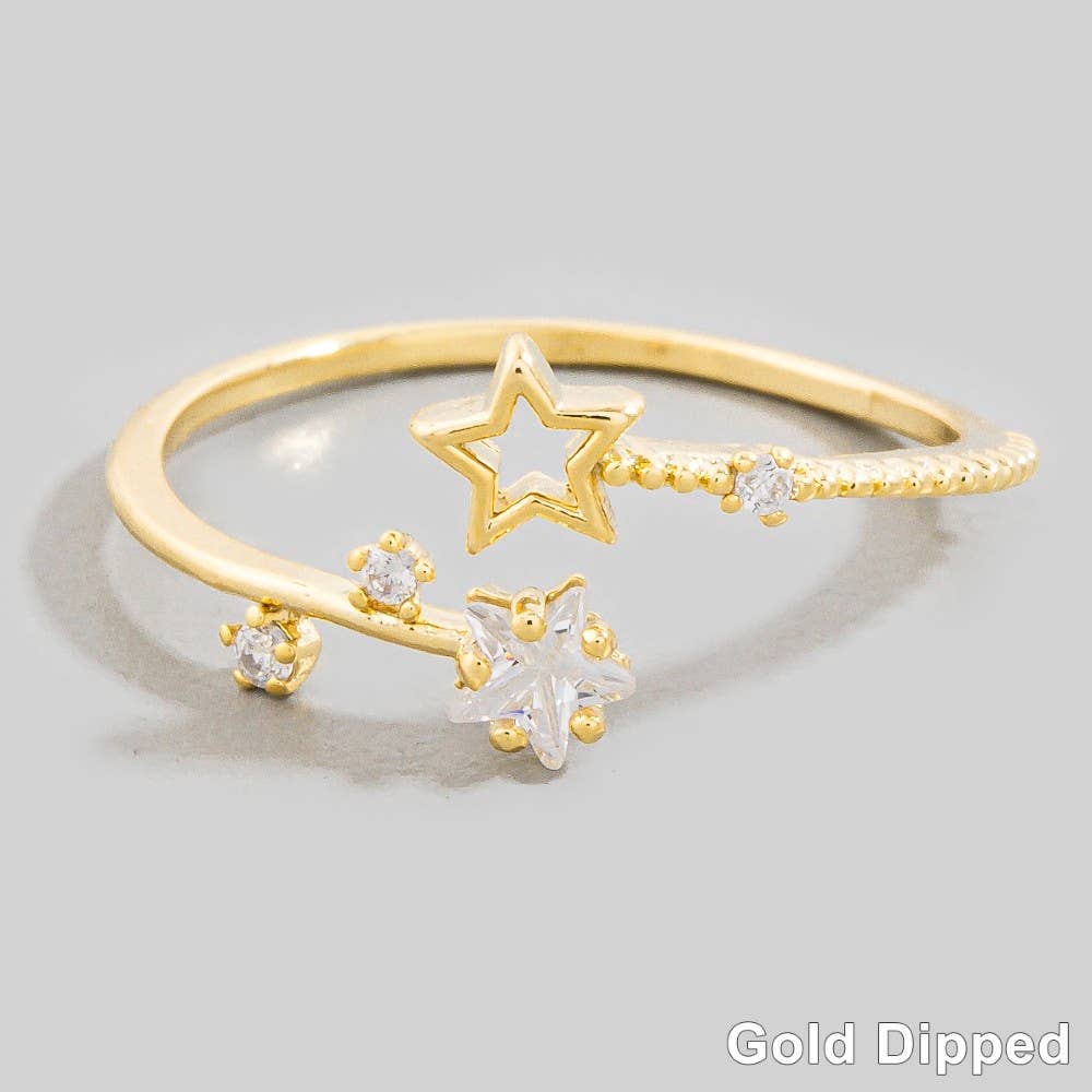 Gold Dipped Cz Double Star Open Ring