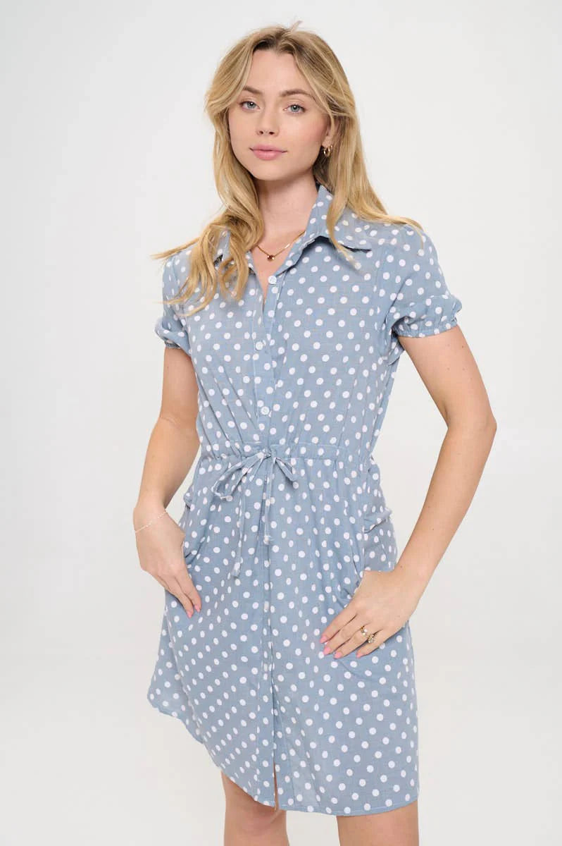 Blue Polka Dot Print Cotton Dress