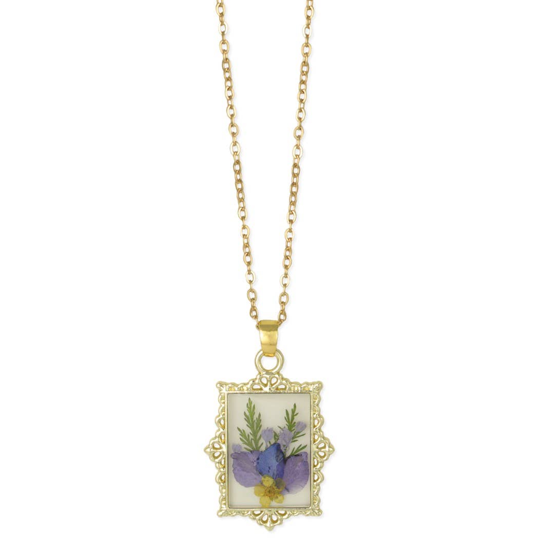 Floral Frame Dried Periwinkle Necklace