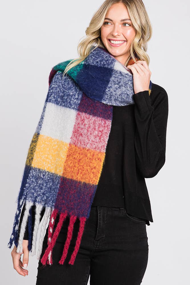 Brushed Multi Color Plaid Fringe Winter Scarf