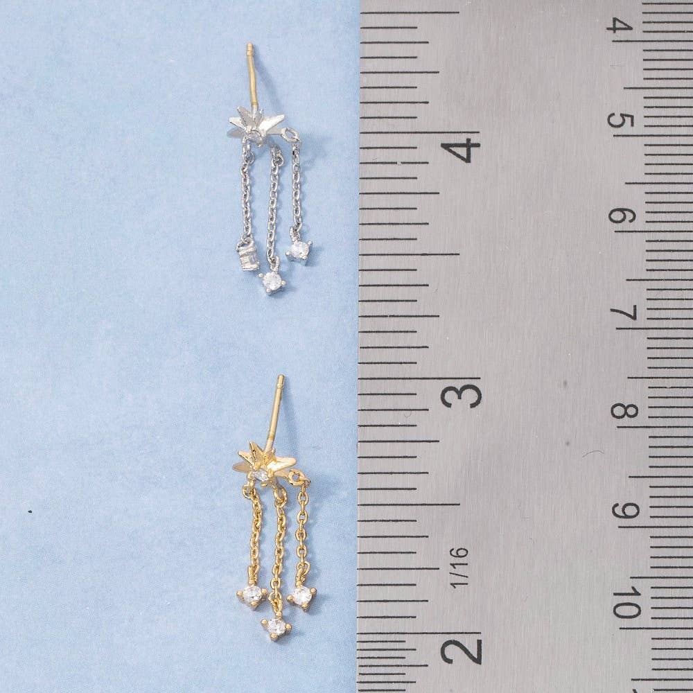 Starburst Cz Stud Triple Chain Drop Earrings