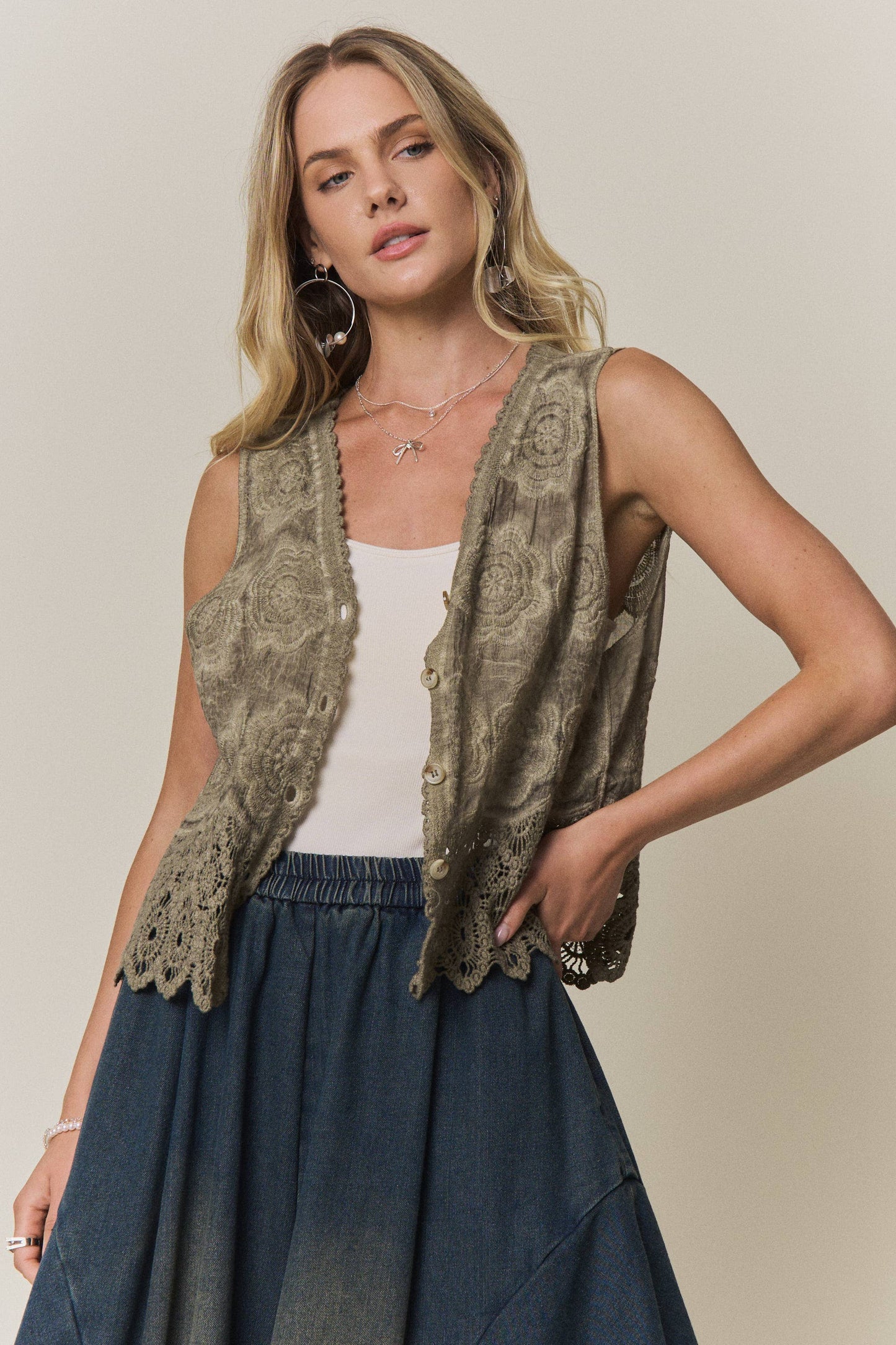 Boho Olive Crochet Lace Vest Tank