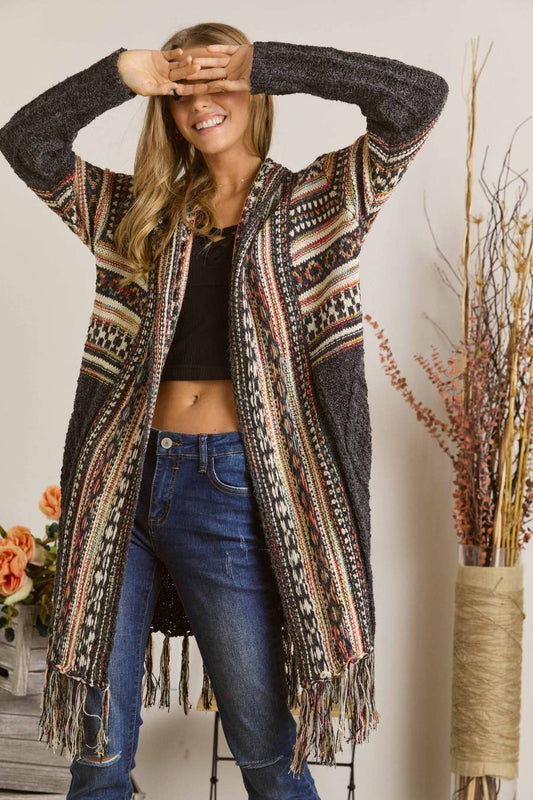 Olive Aztec Fringe Cardigan