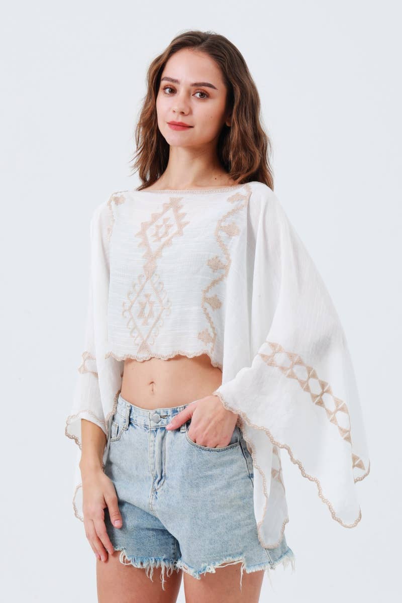 Boho Embroidered Cropped Kaftan Top