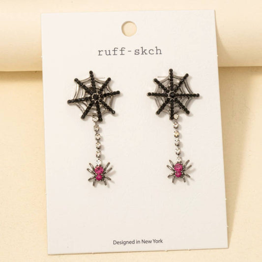 Halloween Spider Web Gem Studded Dangle Earrings