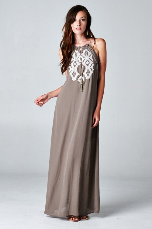 Boho Embroidered Halter Maxi Dress