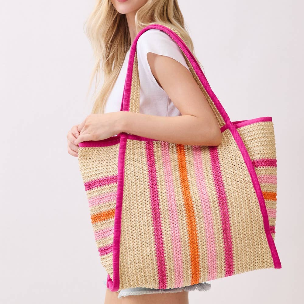 Oversized Striped Straw Braided Tote Bag