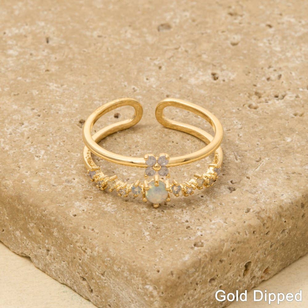 Two Row Gold Dipped Cz Flower Ring