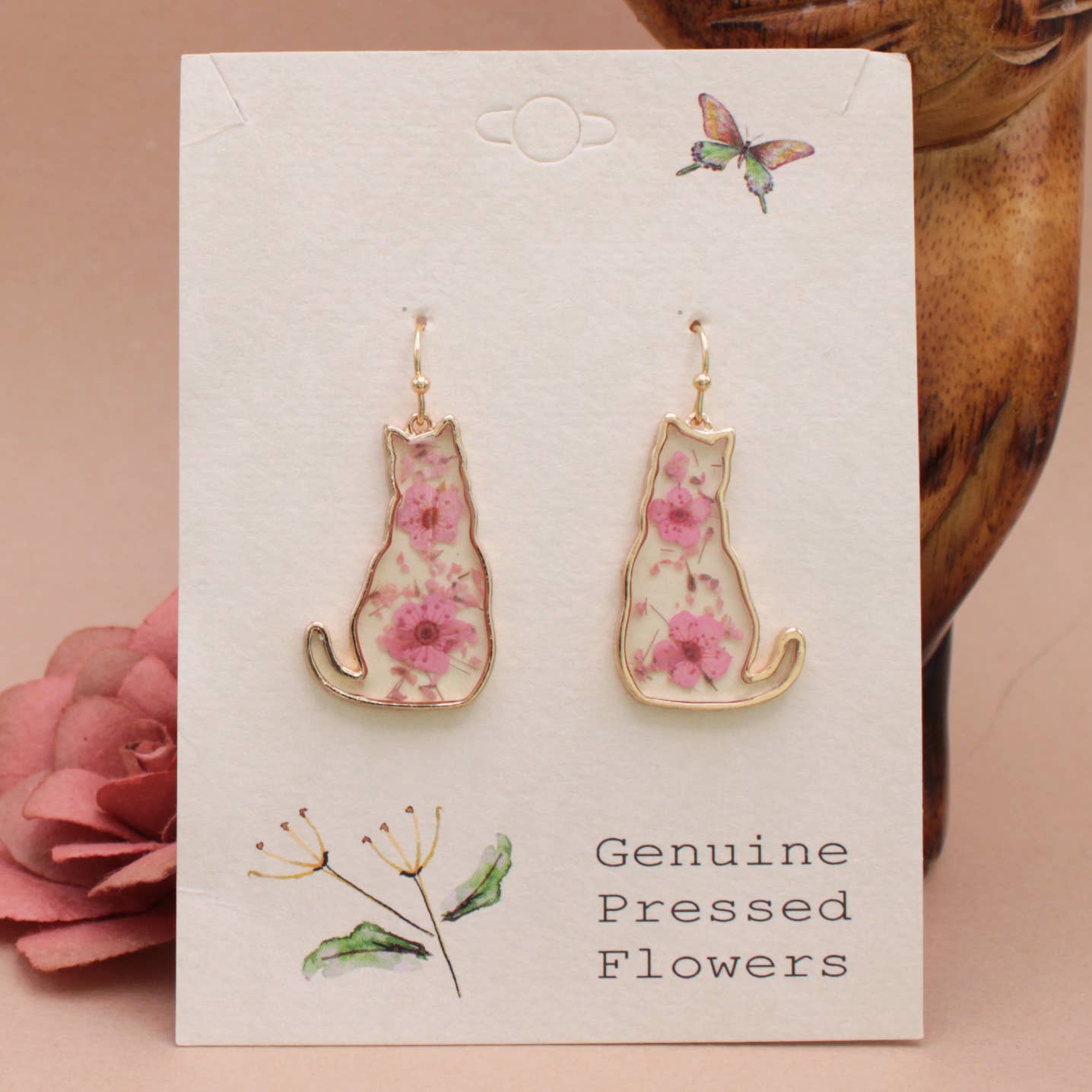 Feline Friend Dried Flower Earrings