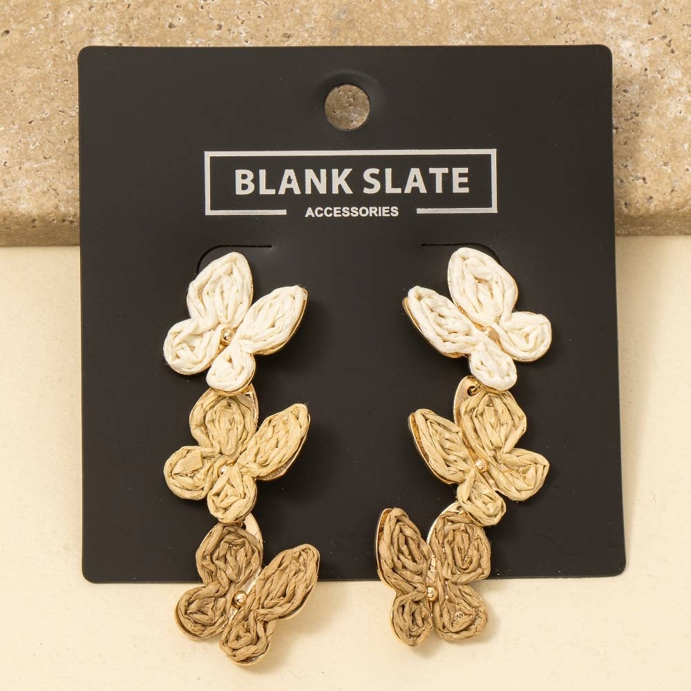 Straw Weave Triple Butterfly Dangle Earrings