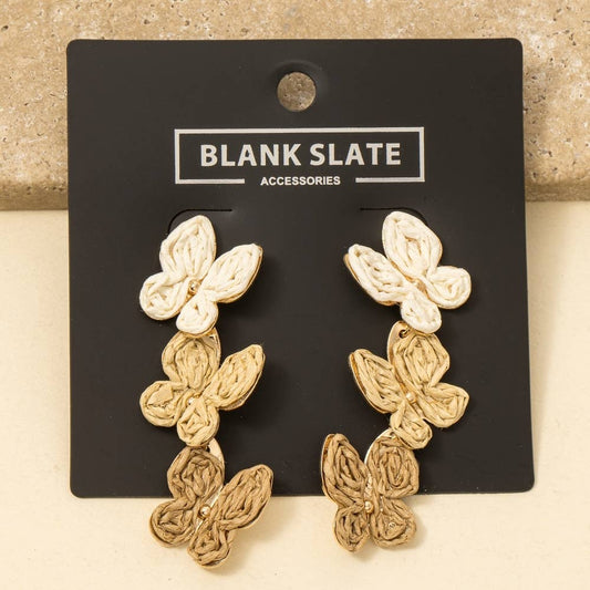 Straw Weave Triple Butterfly Dangle Earrings