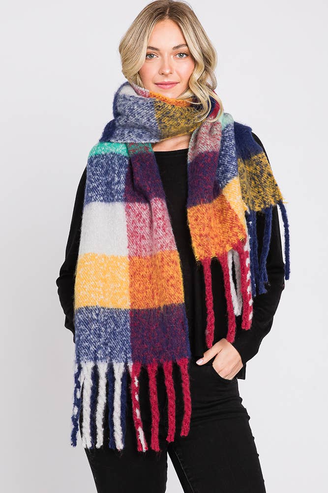 Brushed Multi Color Plaid Fringe Winter Scarf