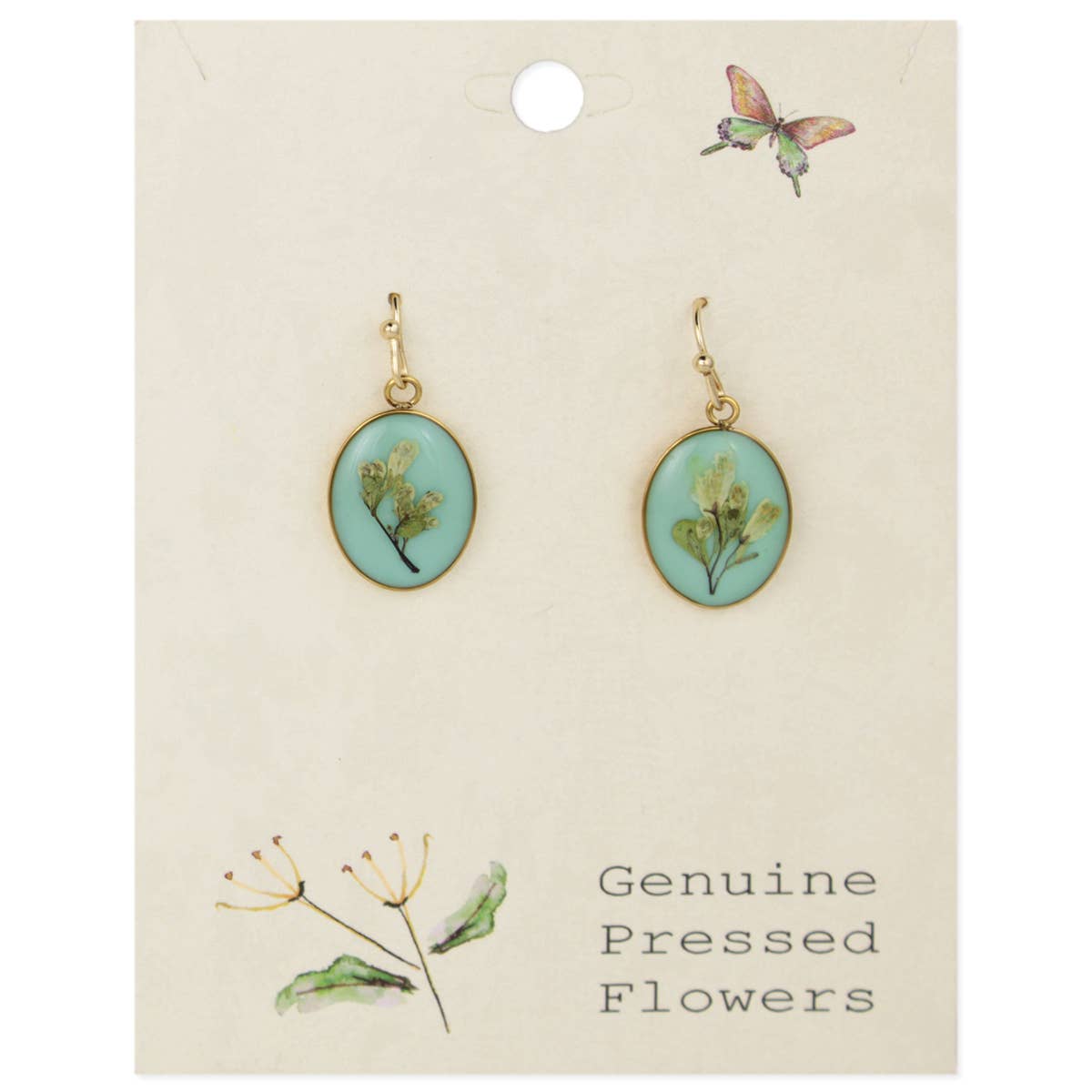 Blue Oval Gold Dried Flower Earrings