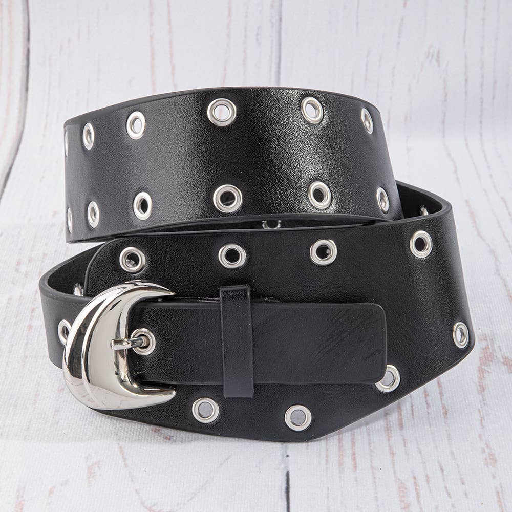 Wide Double Row Grommet Vegan Leather Belt