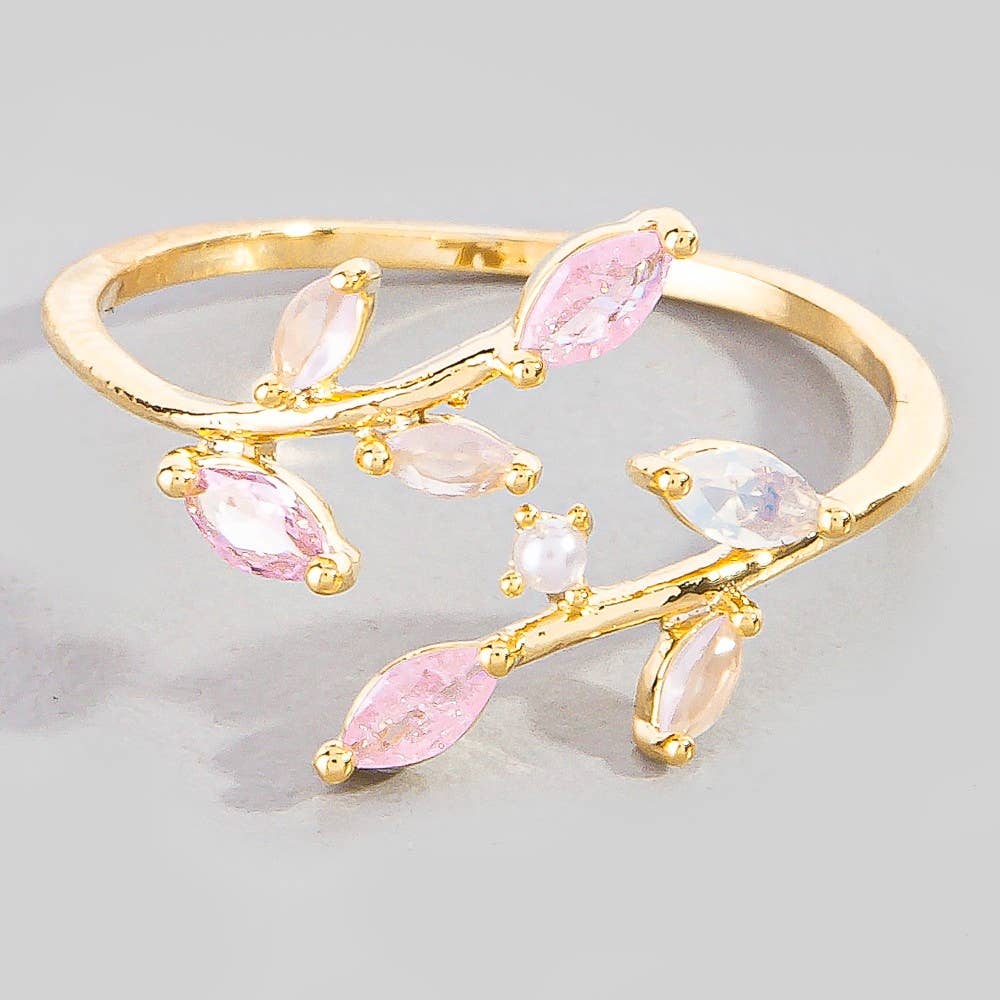 Gold Dipped Mixed Cz Leaves Open Band Ring