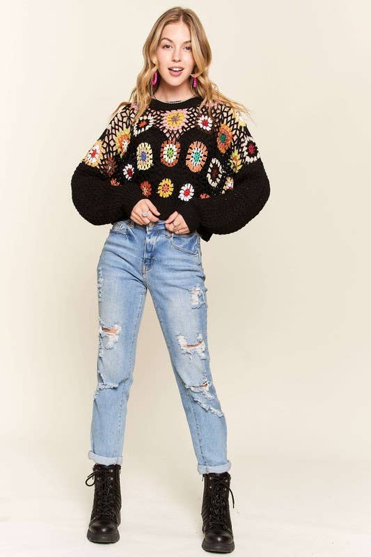 Granny Square Puff Sleeve Sweater