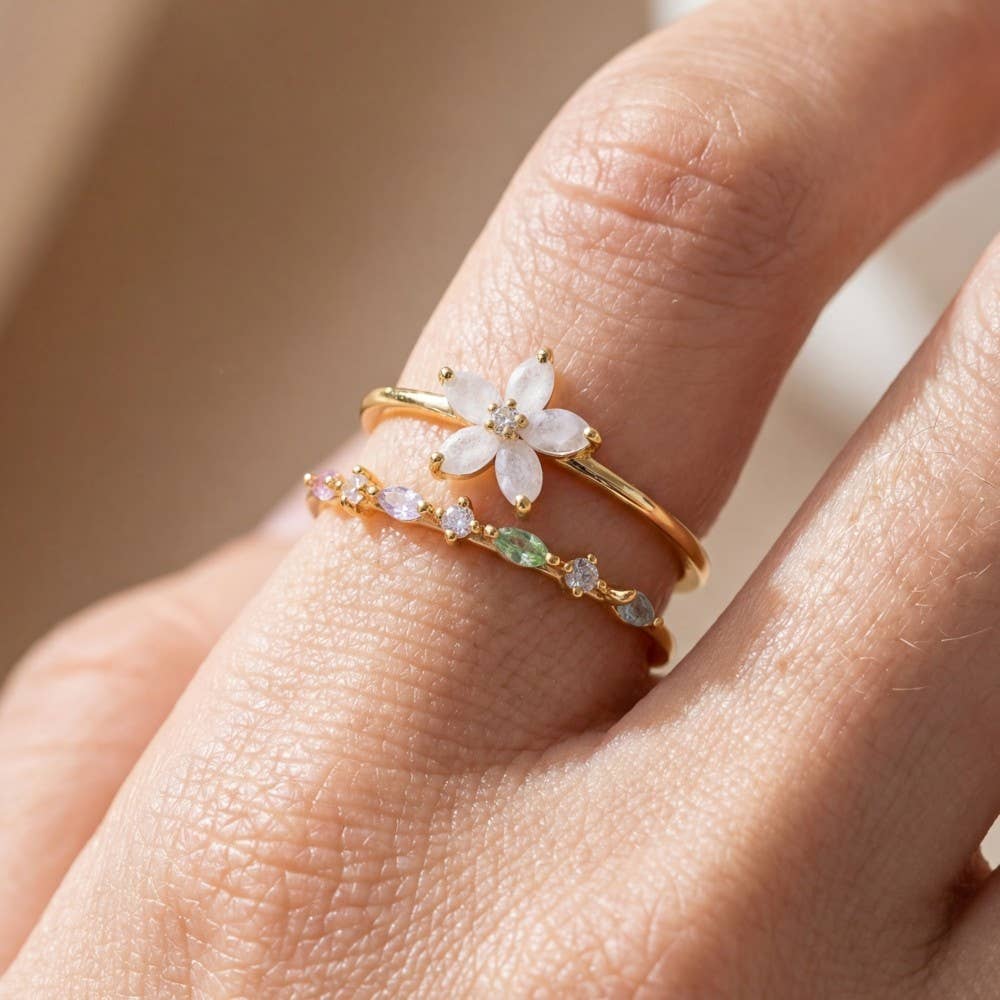 Silver Cz Flower Studded Two Row Ring
